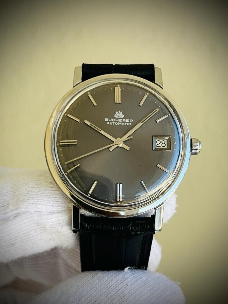 Vintage Bucherer Classic Slim Grey Dial Automatic Mens Watch 35mm, Swiss Made