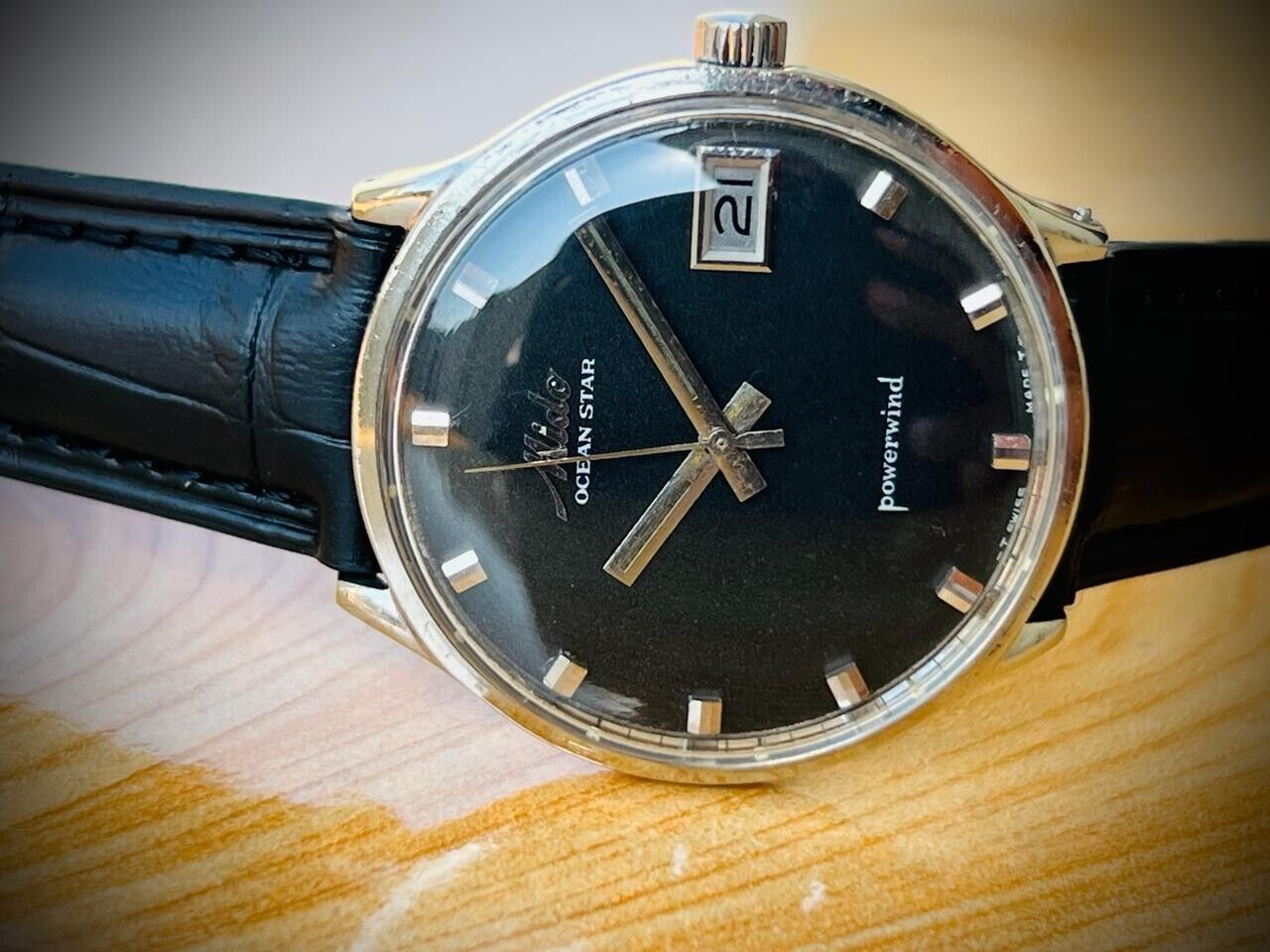 Vintage Mido Ocean Star Powerwind Black Dial Mens Watch 37mm, Swiss Made