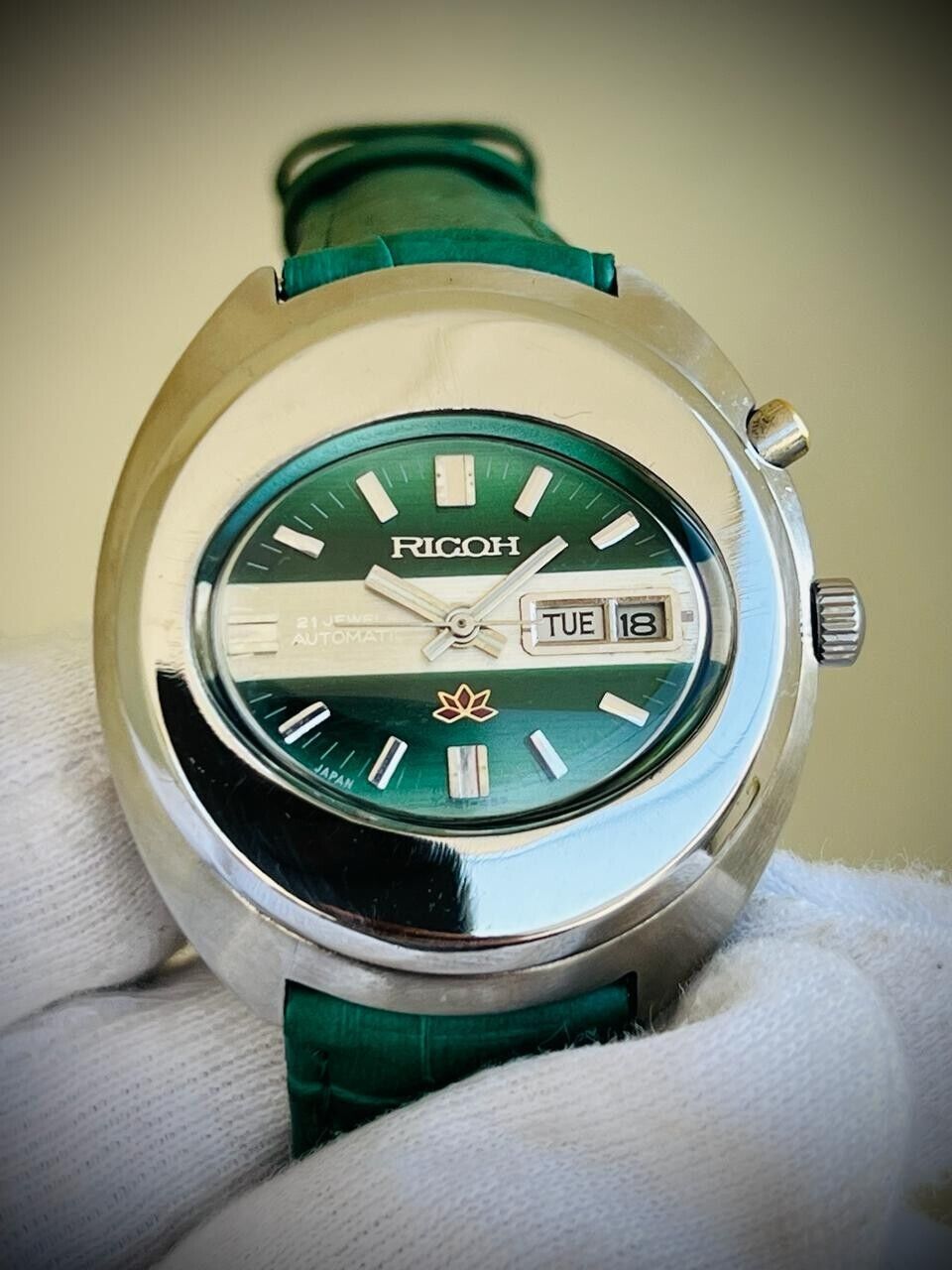 Vintage Watch Ricoh Green Dial 21J Automatic Rare 40mm Mens Watch