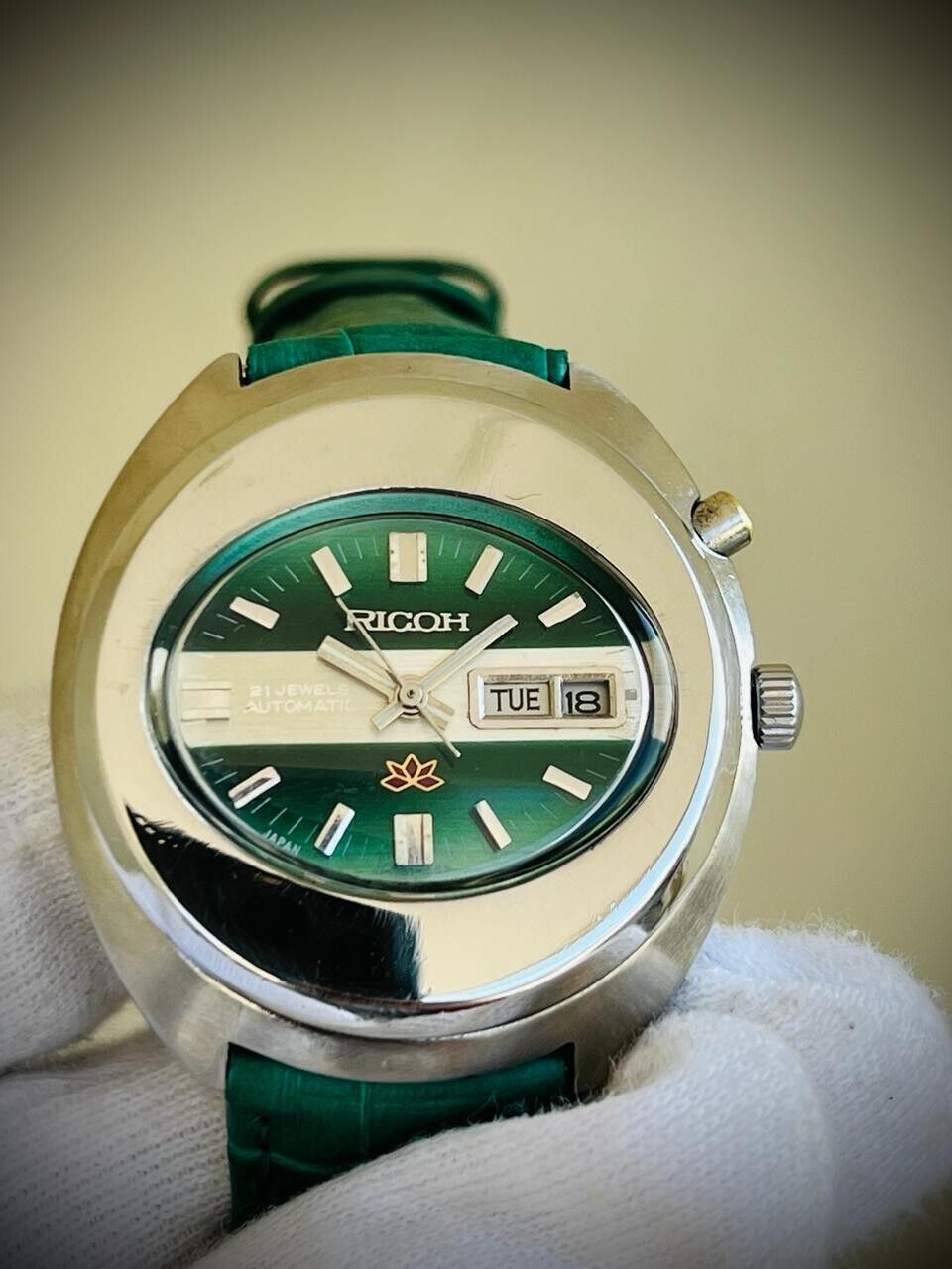 Vintage Watch Ricoh Green Dial 21J Automatic Rare 40mm Mens Watch
