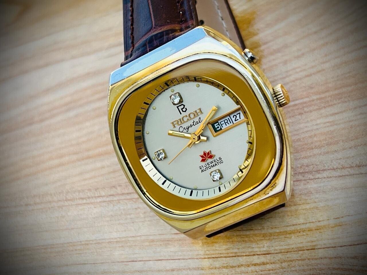 Vintage Ricoh Stunning Diamond Dial Manual Wind Mens Watch 37mm Perfect