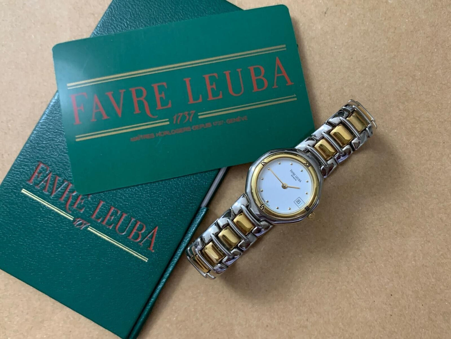 Vintage Favre Leuba Geneve 2/Tone White Ladies Watch Luxury Quartz, Swiss Made