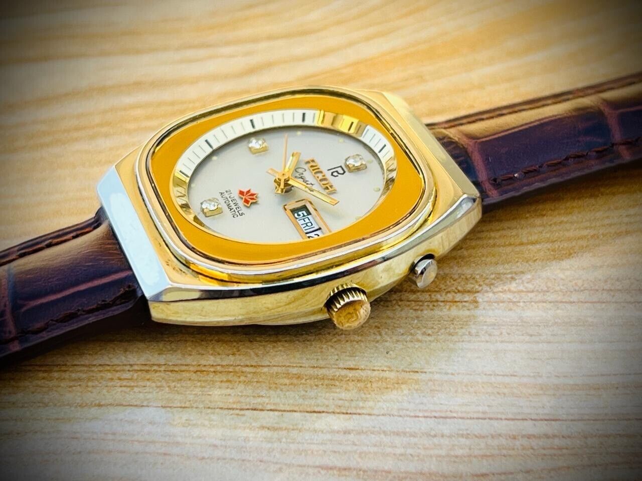 Vintage Ricoh Stunning Diamond Dial Manual Wind Mens Watch 37mm Perfect