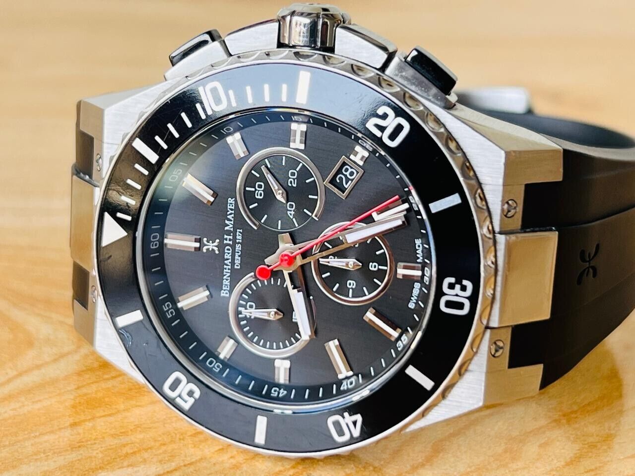 Bernhard H. Mayer Chronograph Ceramic Bezel Quartz Gents Watch, Perfect, 44mm
