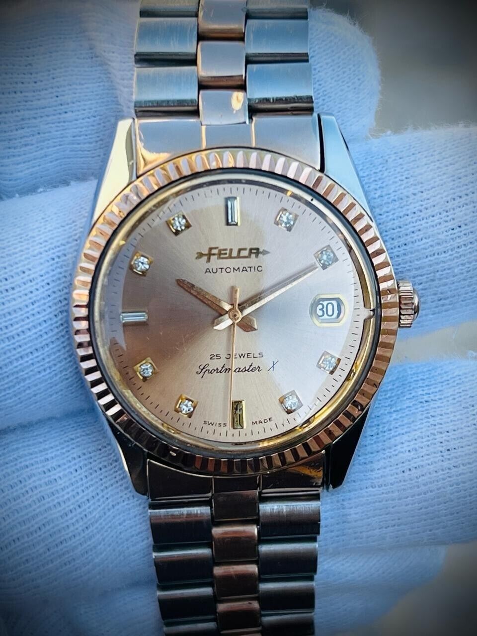 Vintage Felca Sportmaster X Salmon Diamond Dial Automatic Mens Watch 36mm