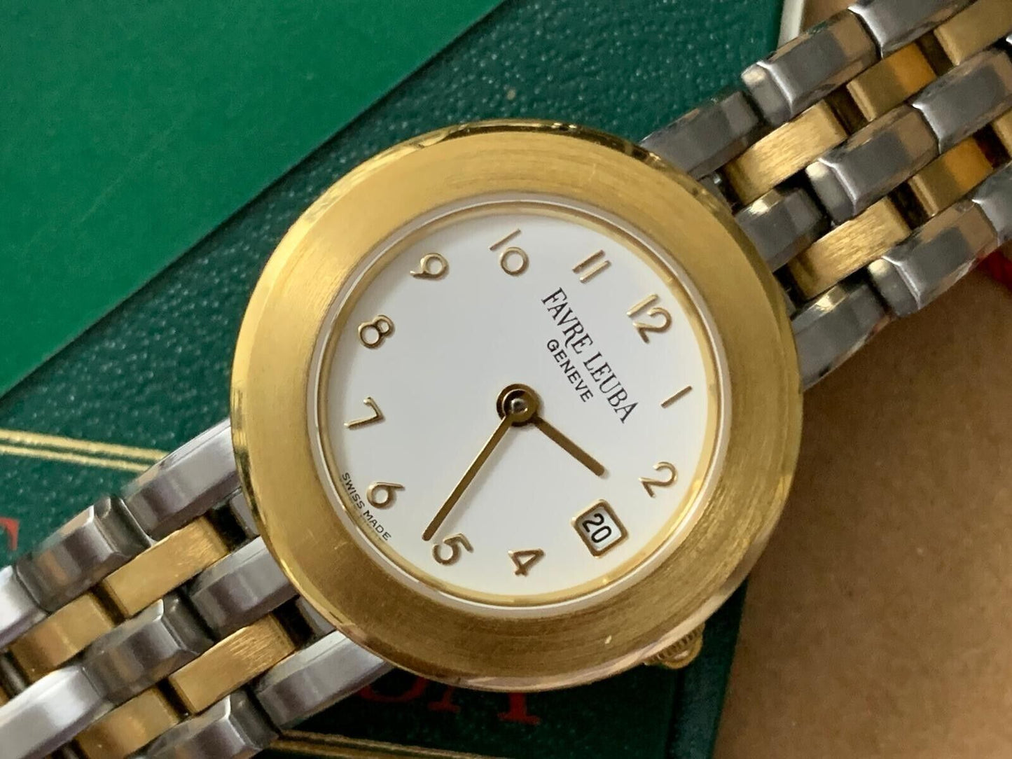 Vintage Favre Leuba Geneve 2/Tone White Ladies Watch Luxury Quartz, Swiss Made