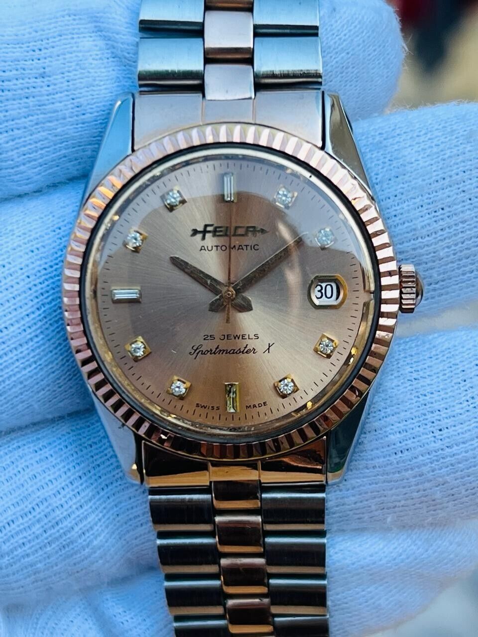Vintage Felca Sportmaster X Salmon Diamond Dial Automatic Mens Watch 36mm