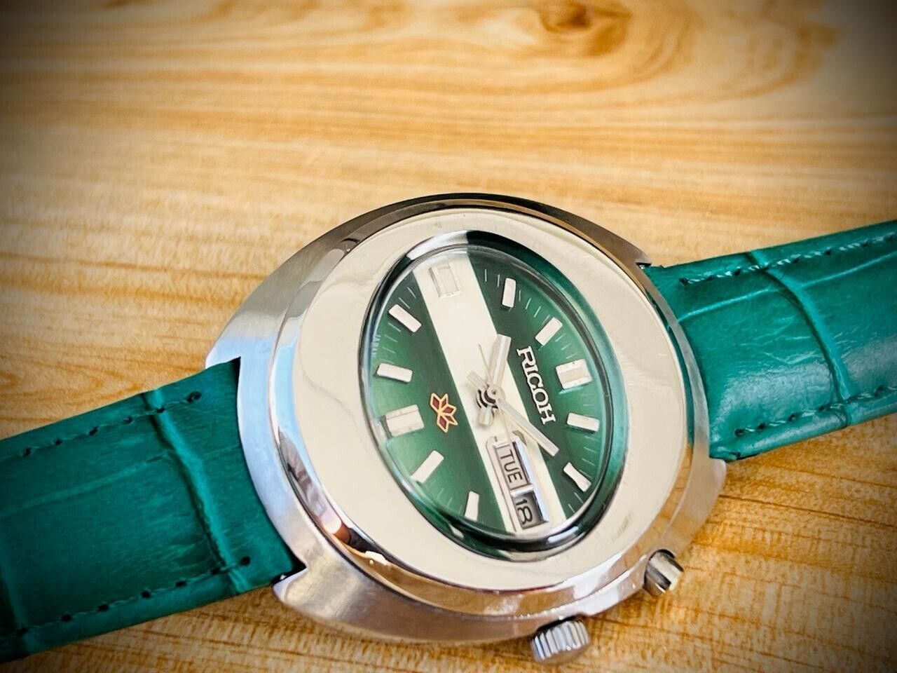 Vintage Watch Ricoh Green Dial 21J Automatic Rare 40mm Mens Watch