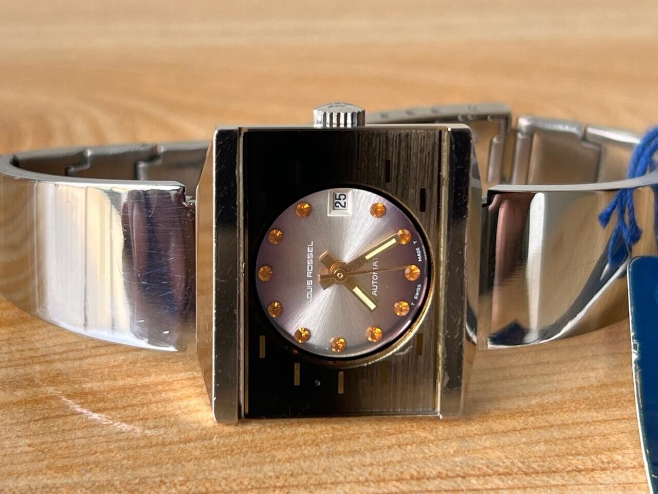 Vintage Louis Rossel Orange Stone Dial 26mm Automatic Ladies Watch NOS + Tag