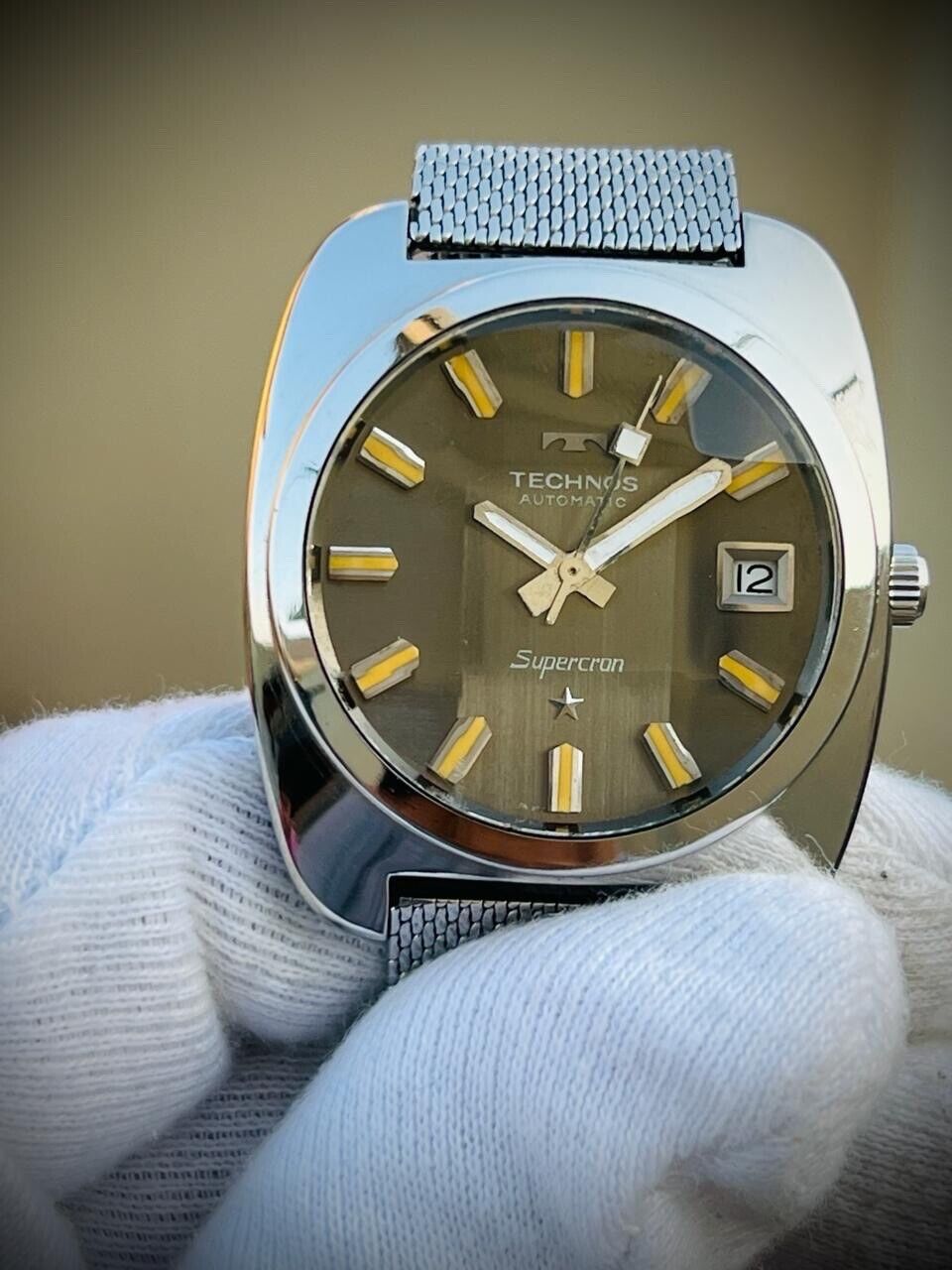 Vintage Technos Supercran 37mm Automatic Mens Watch, Swiss, Perfect