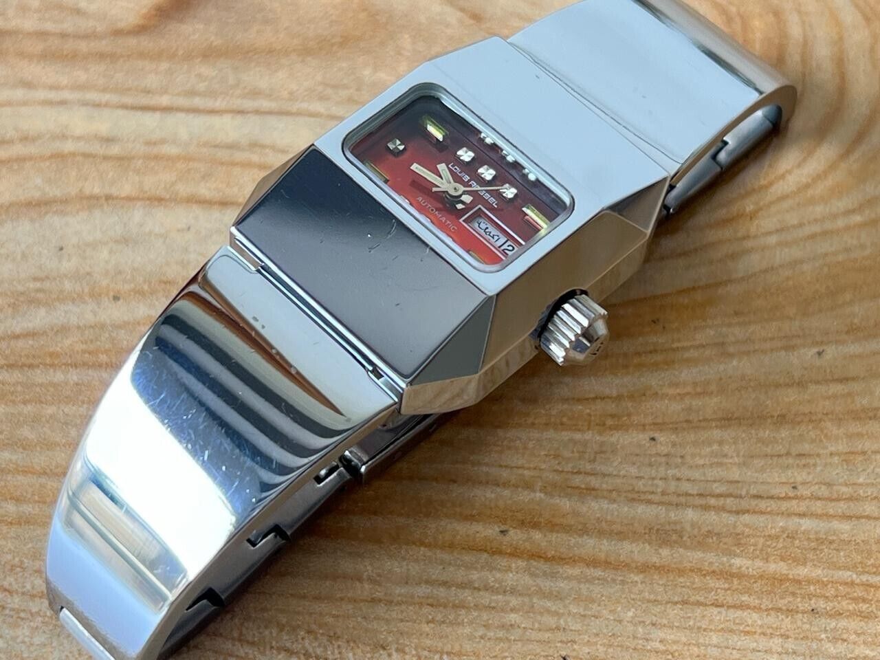 Vintage Louis Rossel Red Rare Dial 27mm Automatic Ladies Watch NOS