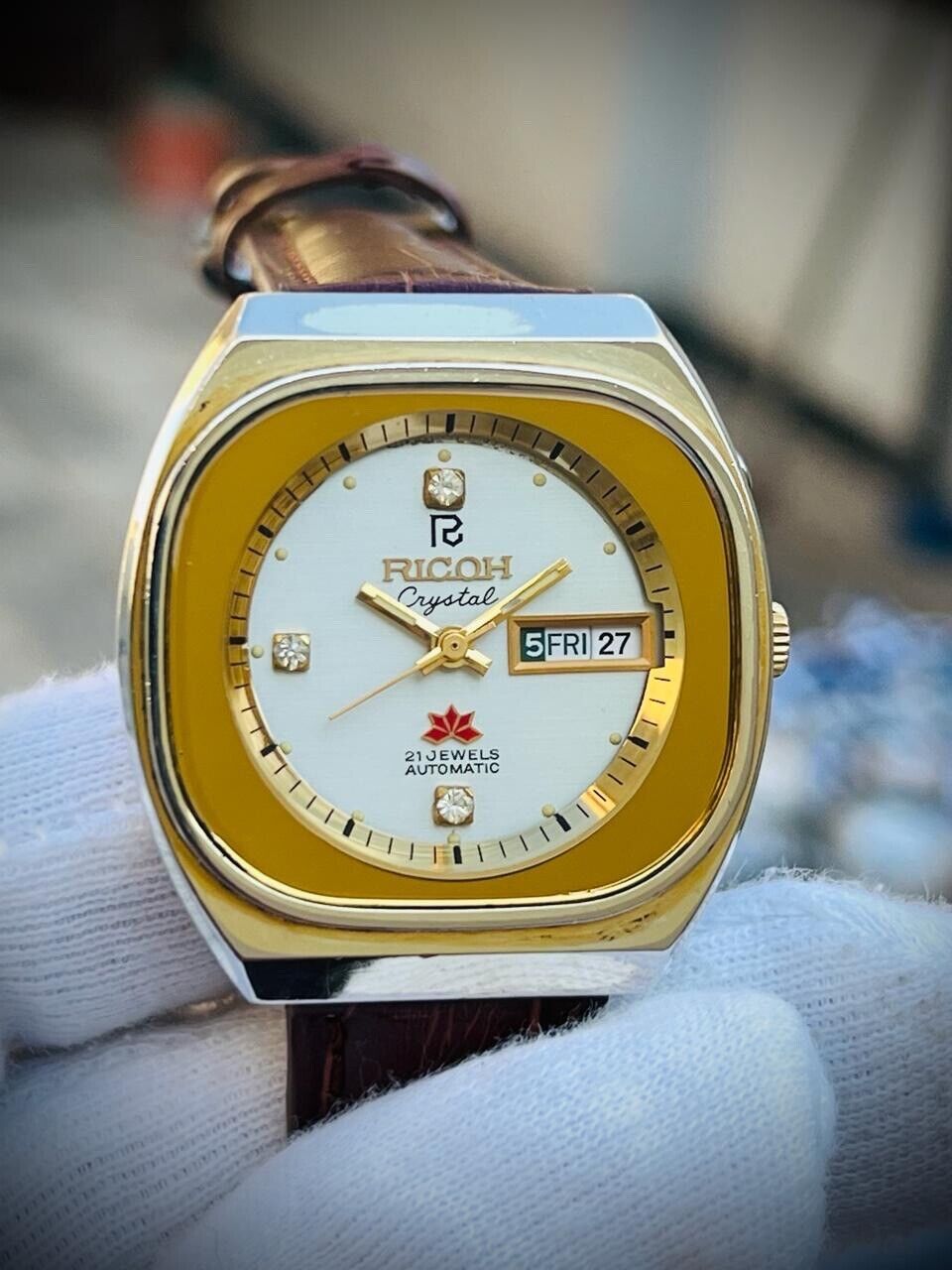 Vintage Ricoh Stunning Diamond Dial Manual Wind Mens Watch 37mm Perfect