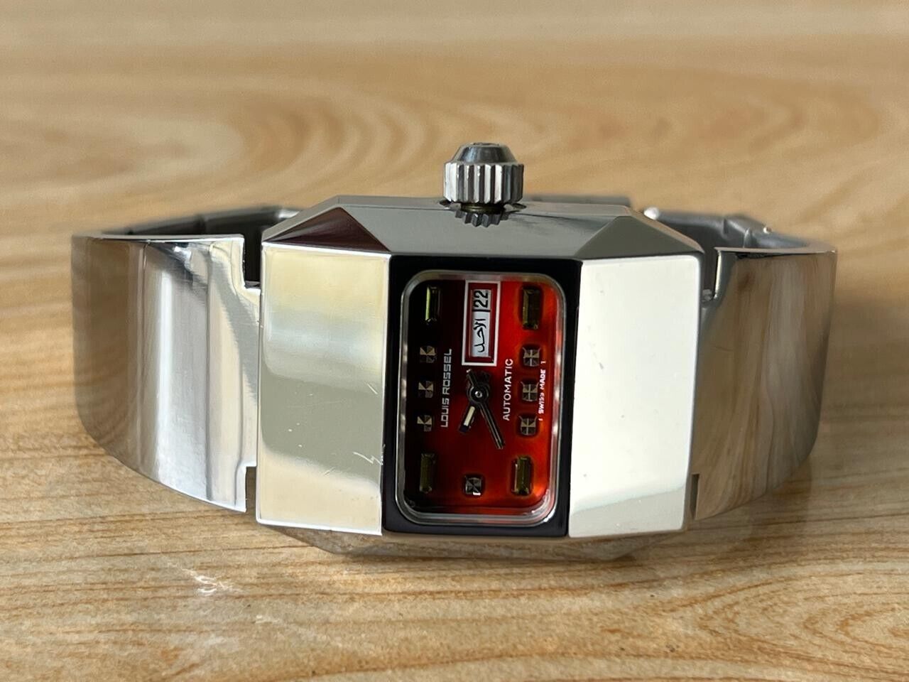 Vintage Louis Rossel Red Rare Dial 27mm Automatic Ladies Watch NOS