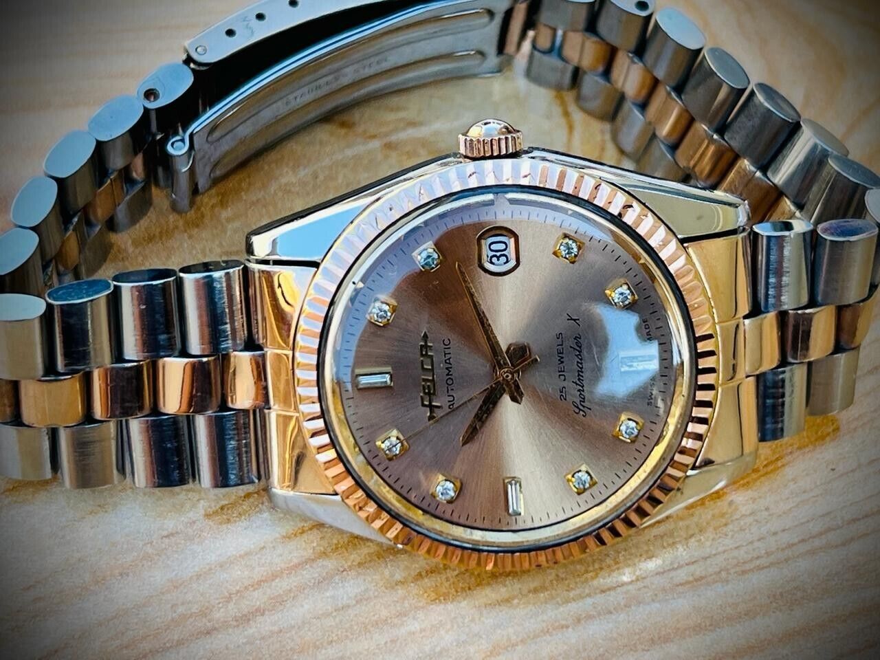 Vintage Felca Sportmaster X Salmon Diamond Dial Automatic Mens Watch 36mm