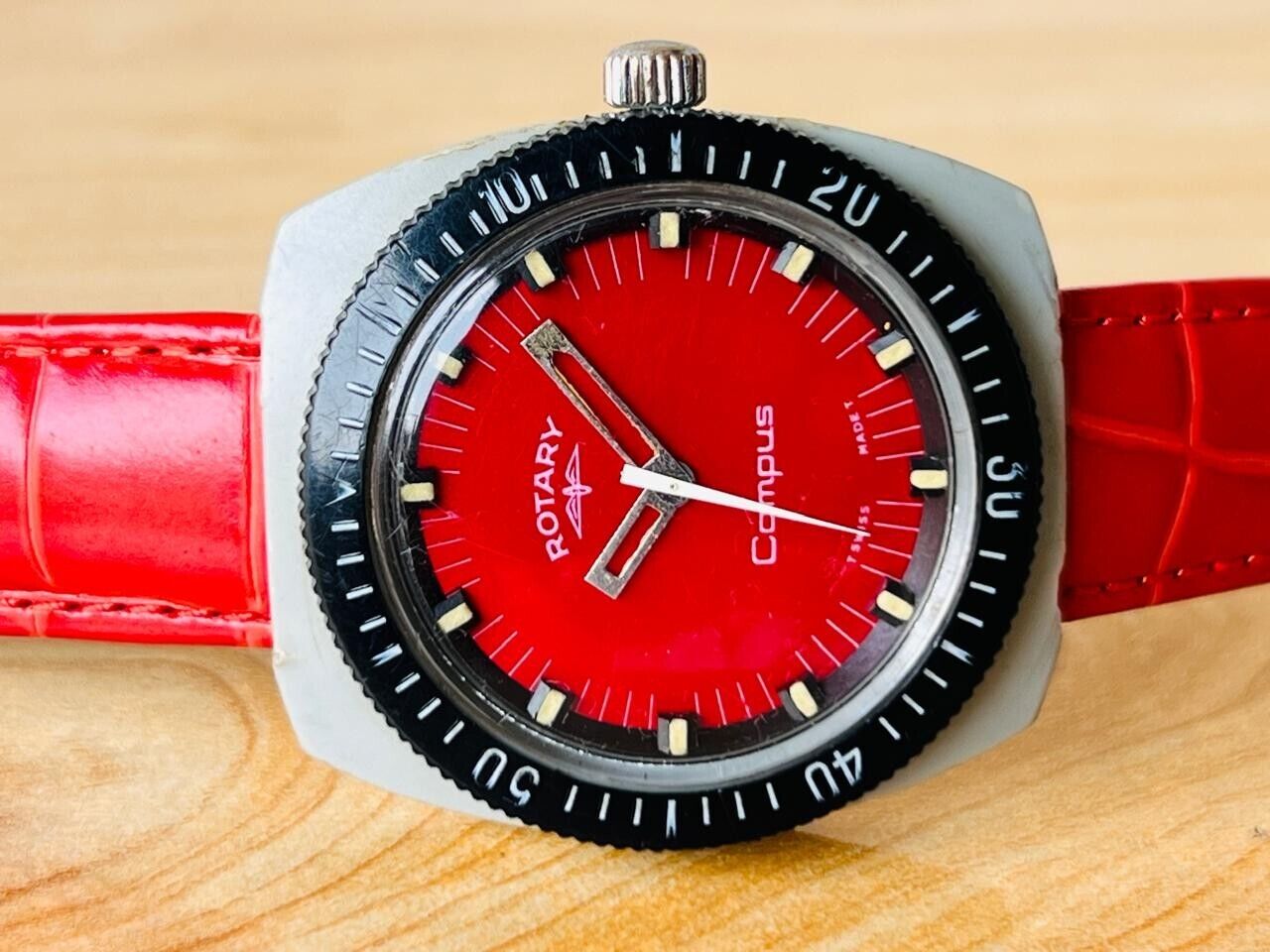 Vintage Rotary Campus Red Dial Manual Wind Mens Watch, Swiss Made