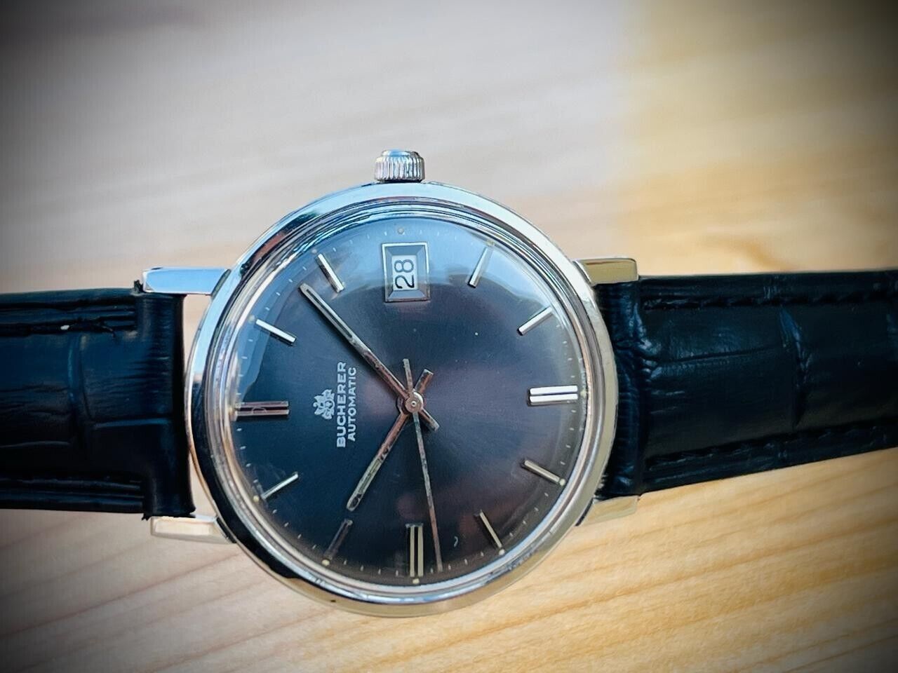 Vintage Bucherer Classic Slim Grey Dial Automatic Mens Watch 35mm, Swiss Made
