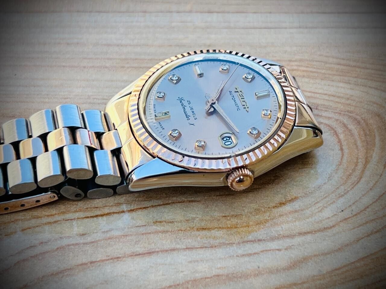 Vintage Felca Sportmaster X Salmon Diamond Dial Automatic Mens Watch 36mm