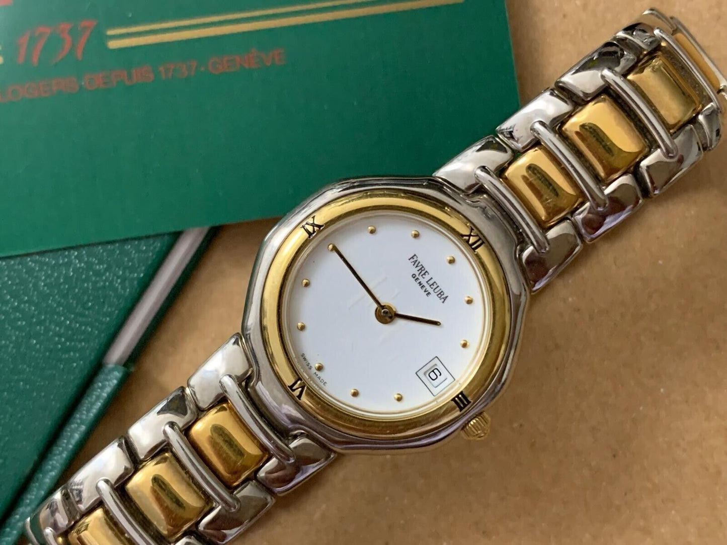 Vintage Favre Leuba Geneve 2/Tone White Ladies Watch Luxury Quartz, Swiss Made