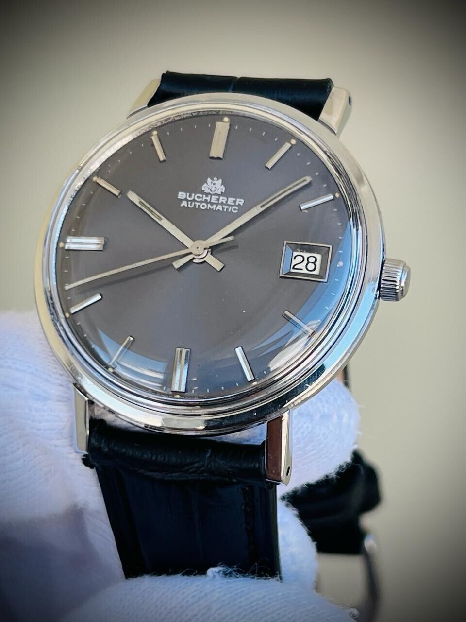 Vintage Bucherer Classic Slim Grey Dial Automatic Mens Watch 35mm, Swiss Made