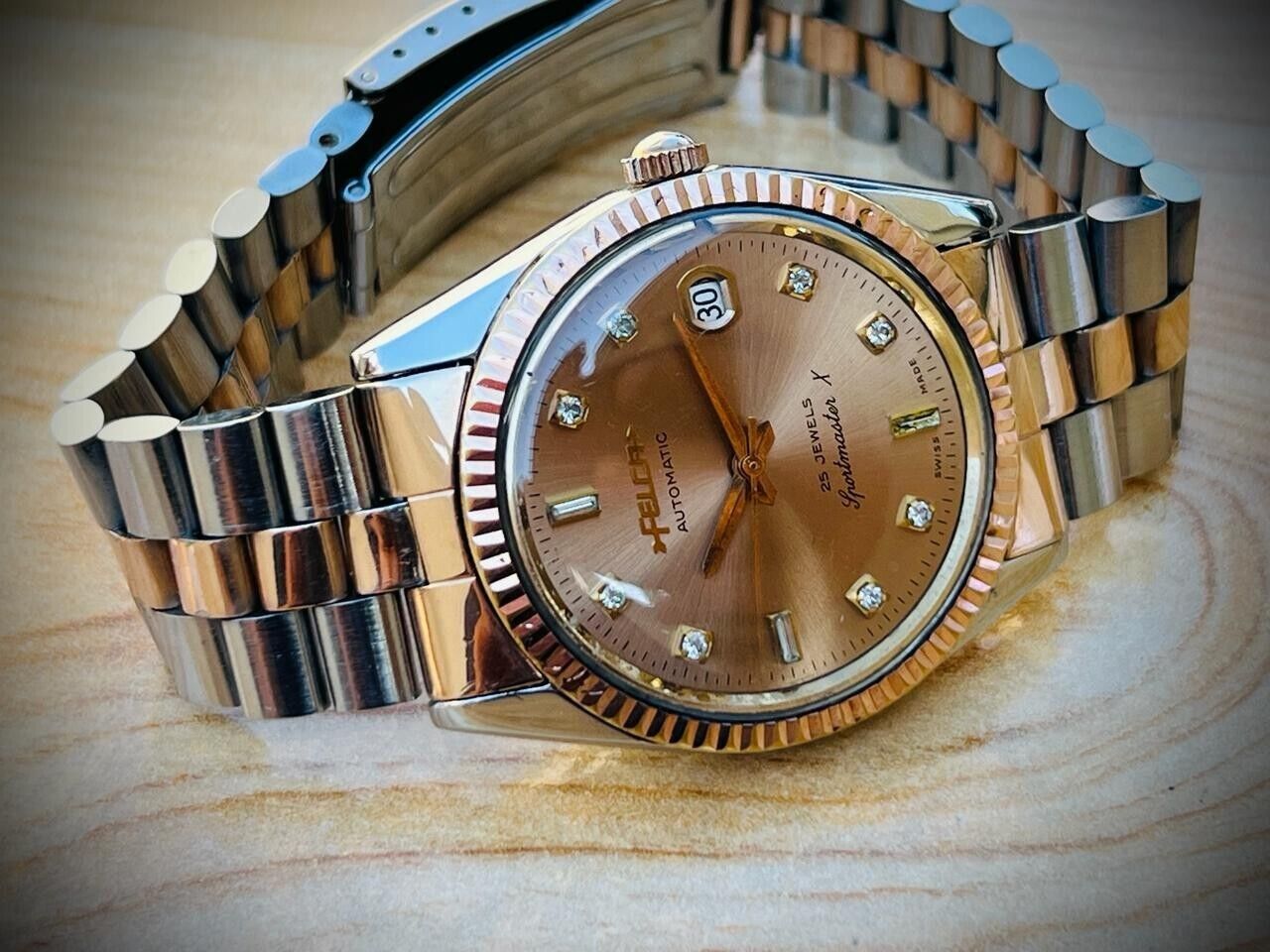Vintage Felca Sportmaster X Salmon Diamond Dial Automatic Mens Watch 36mm