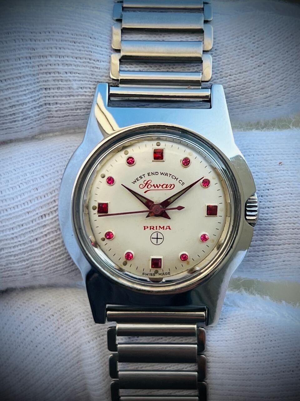 Vintage West End Ruby Dial Manual Wind Mens Watch 32mm Swiss Made