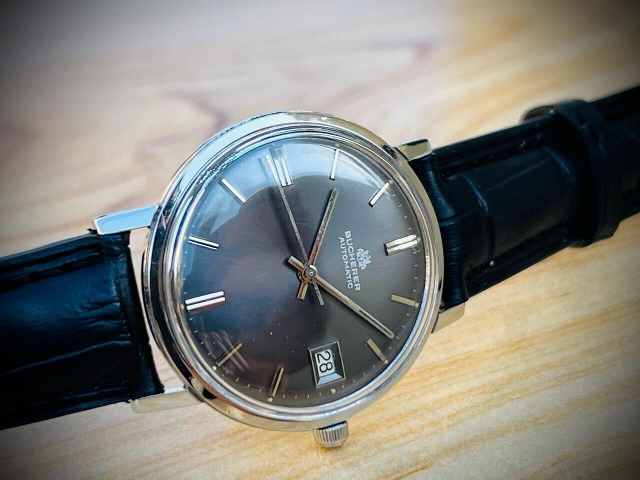 Vintage Bucherer Classic Slim Grey Dial Automatic Mens Watch 35mm, Swiss Made