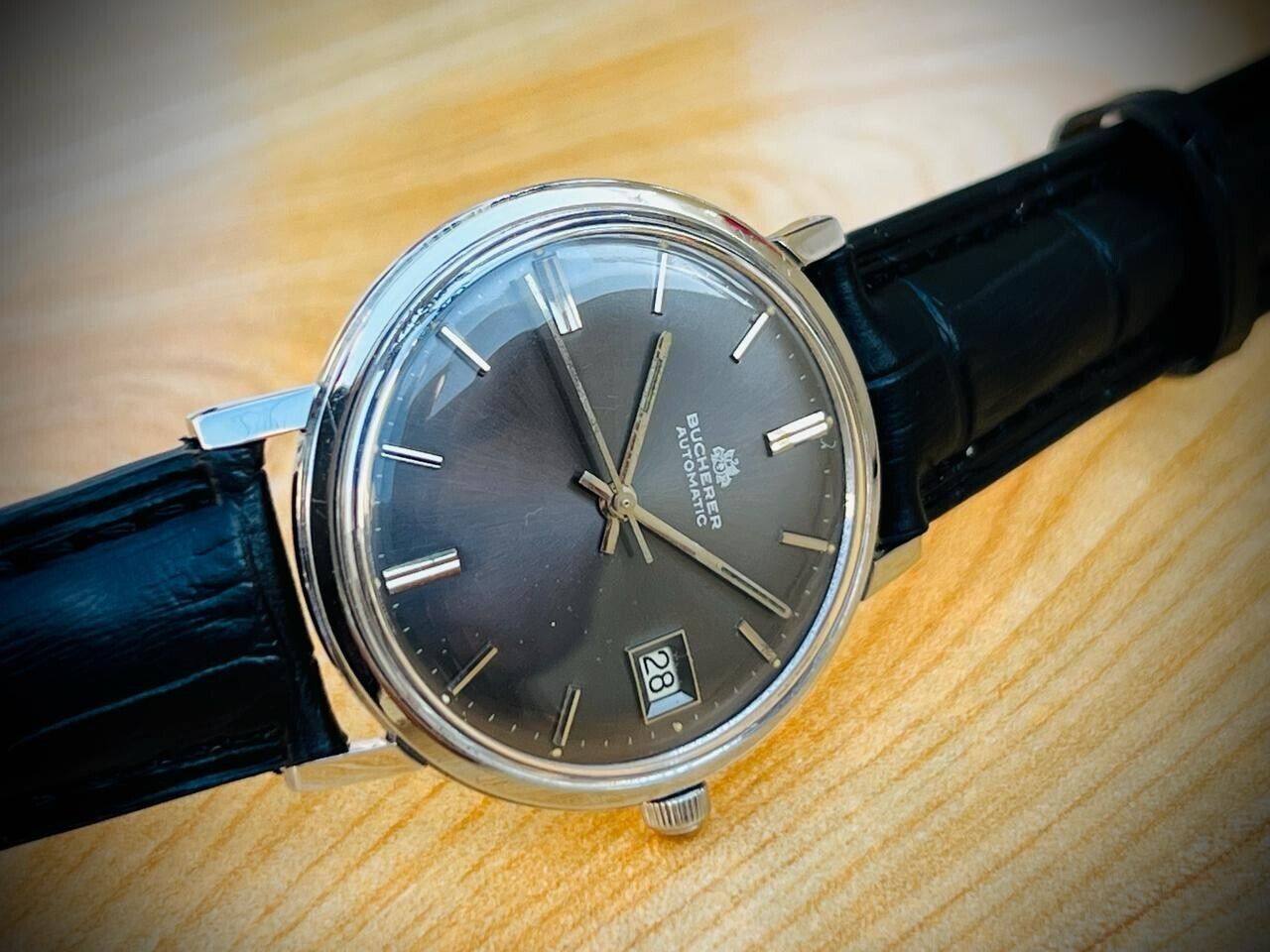 Vintage Bucherer Classic Slim Grey Dial Automatic Mens Watch 35mm, Swiss Made