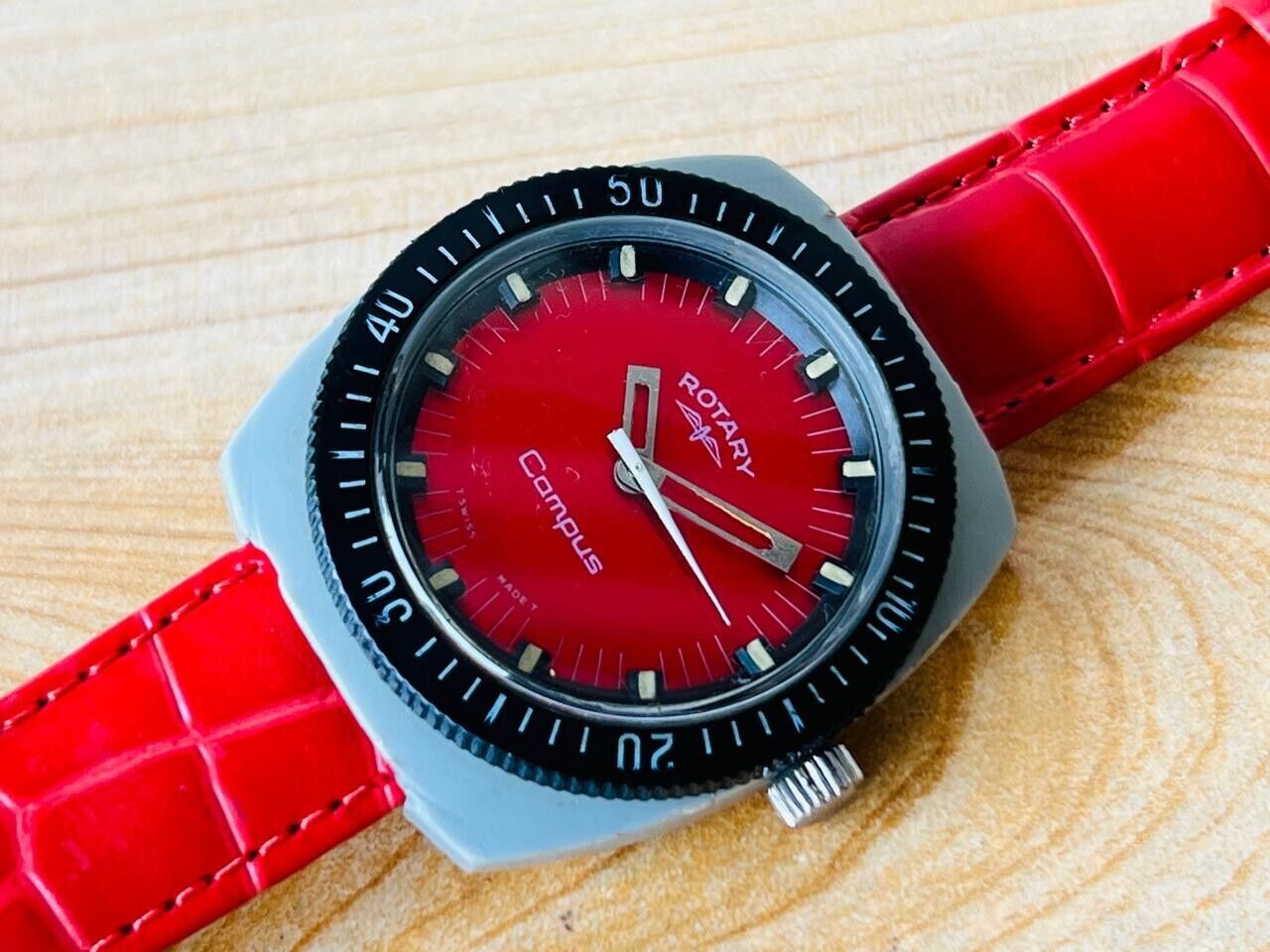Vintage Rotary Campus Red Dial Manual Wind Mens Watch, Swiss Made