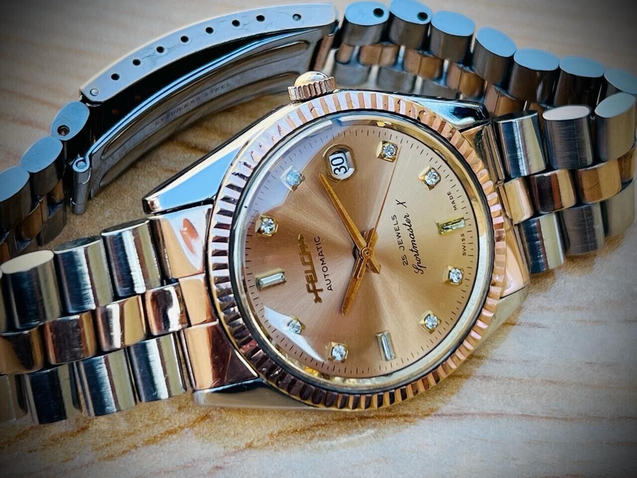 Vintage Felca Sportmaster X Salmon Diamond Dial Automatic Mens Watch 36mm