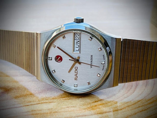 Vintage Rado Voyager Diamond Dial Automatic Gents Watch 32mm Swiss, Perfect NOS