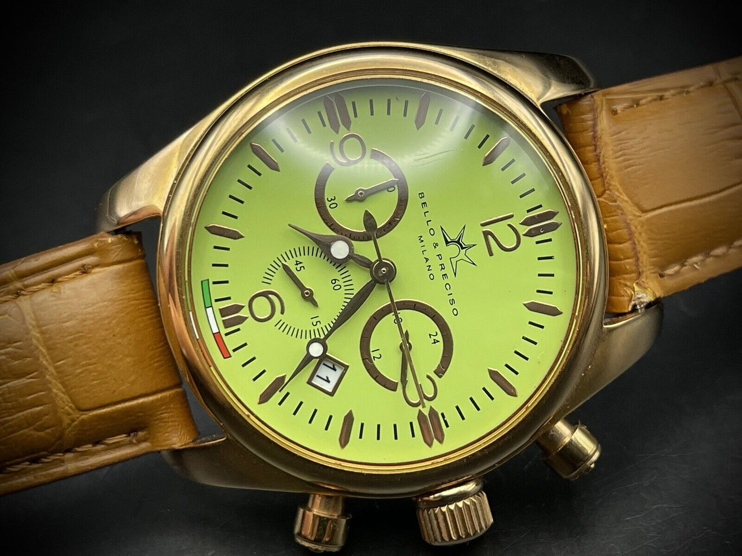 Bello & Preciso Milano Italain Mens Watch Chronograph Green Dial NOS Quartz 40mm - Grab A Watch Co