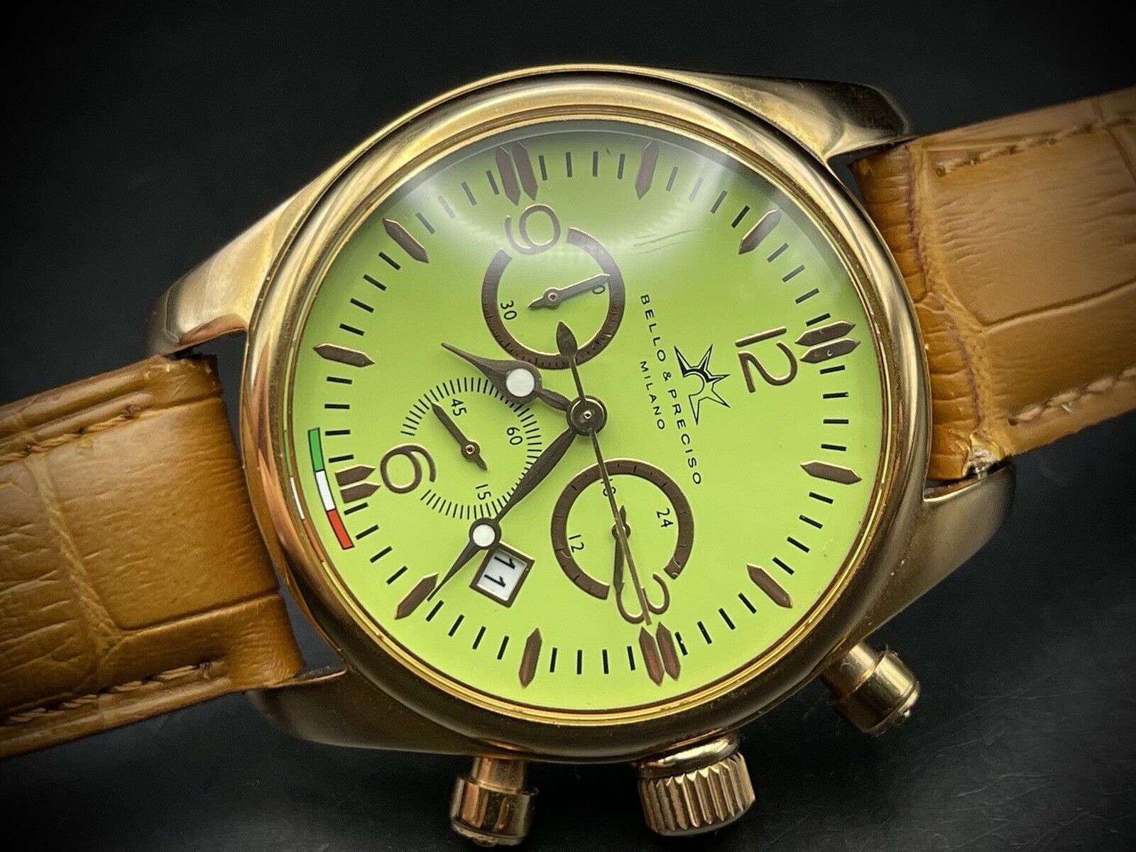 Bello & Preciso Milano Italain Mens Watch Chronograph Green Dial NOS Quartz 40mm - Grab A Watch Co