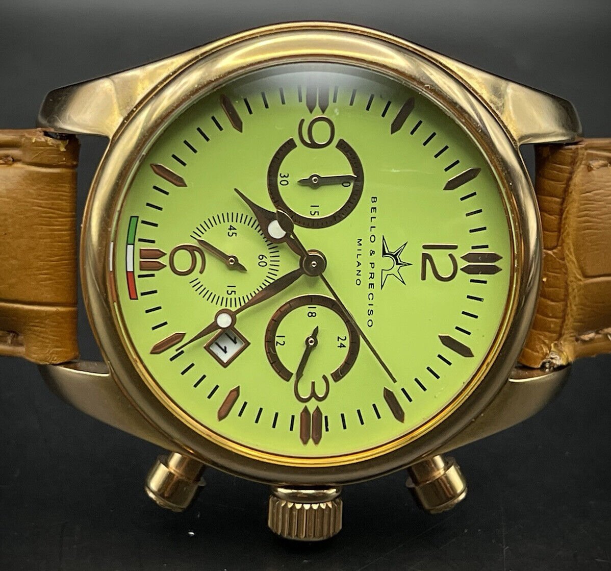 Bello & Preciso Milano Italain Mens Watch Chronograph Green Dial NOS Quartz 40mm - Grab A Watch Co