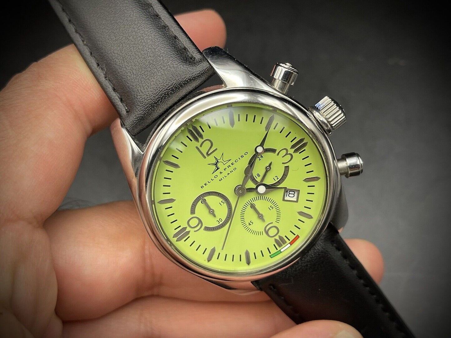 Bello & Preciso Milano Italain Mens Watch Chronograph Green NOS Quartz 40mm - Grab A Watch Co