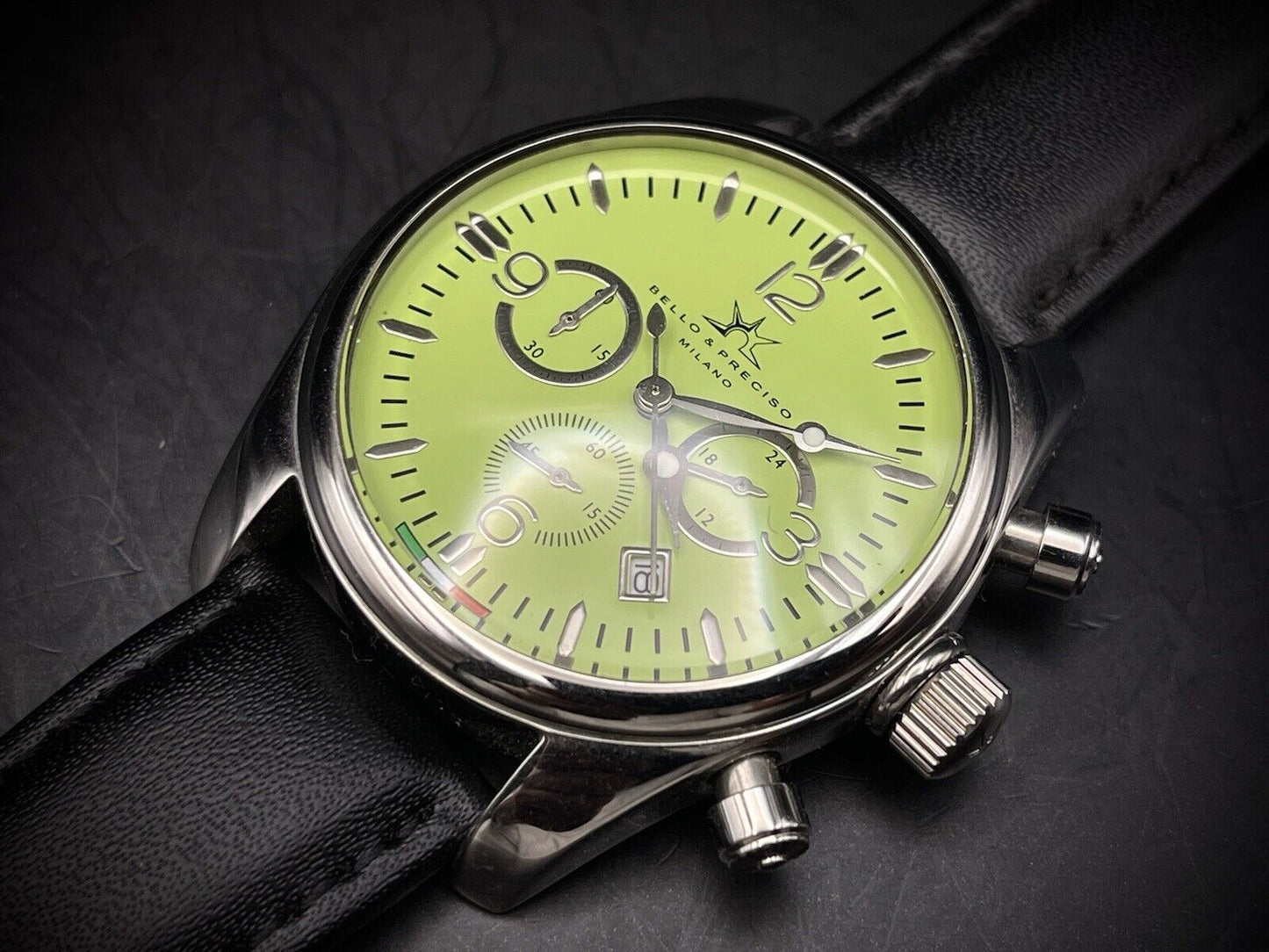Bello & Preciso Milano Italain Mens Watch Chronograph Green NOS Quartz 40mm - Grab A Watch Co