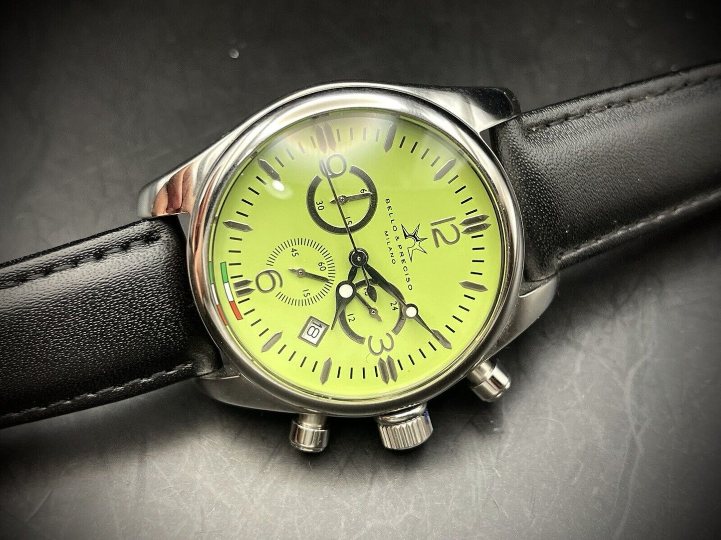 Bello & Preciso Milano Italain Mens Watch Chronograph Green NOS Quartz 40mm - Grab A Watch Co