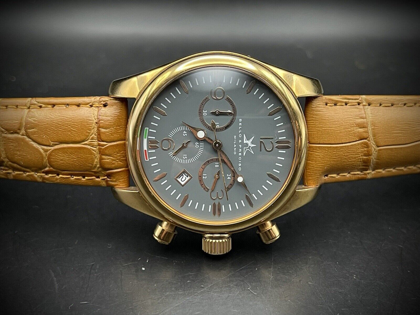 Bello & Preciso Milano Italain Mens Watch Chronograph Grey Dial NOS Quartz 40mm - Grab A Watch Co