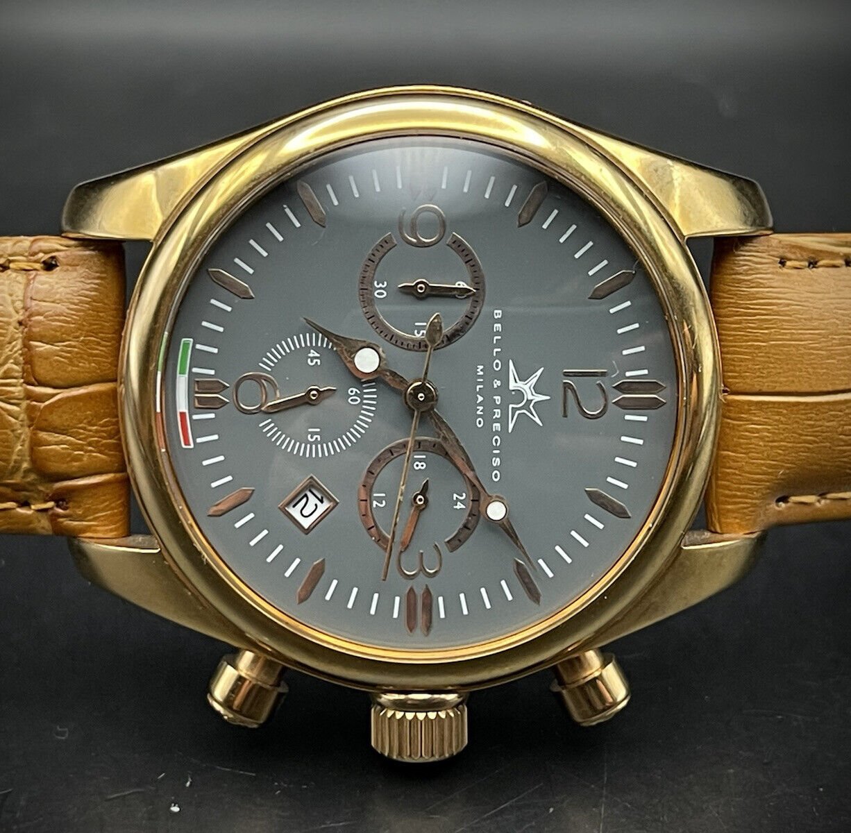 Bello & Preciso Milano Italain Mens Watch Chronograph Grey Dial NOS Quartz 40mm - Grab A Watch Co