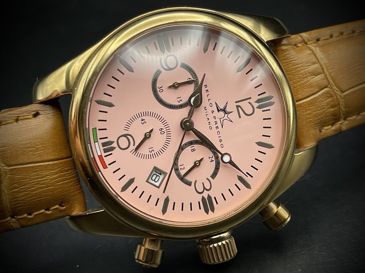Bello & Preciso Milano Italain Mens Watch Chronograph Pink Dial NOS Quartz 40mm - Grab A Watch Co