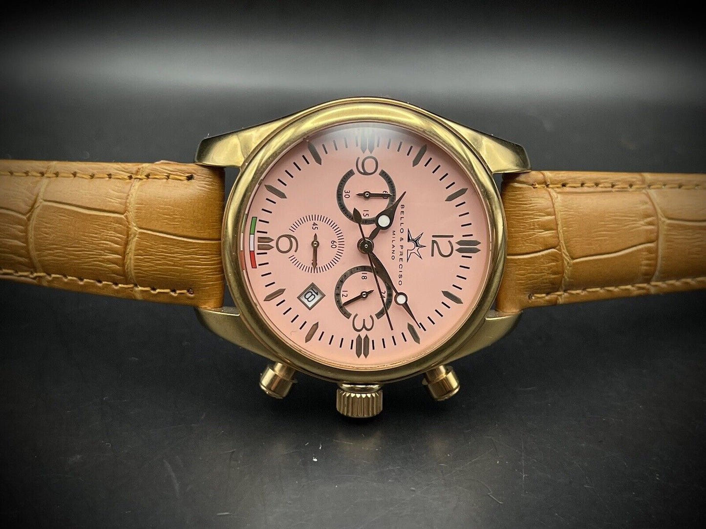 Bello & Preciso Milano Italain Mens Watch Chronograph Pink Dial NOS Quartz 40mm - Grab A Watch Co