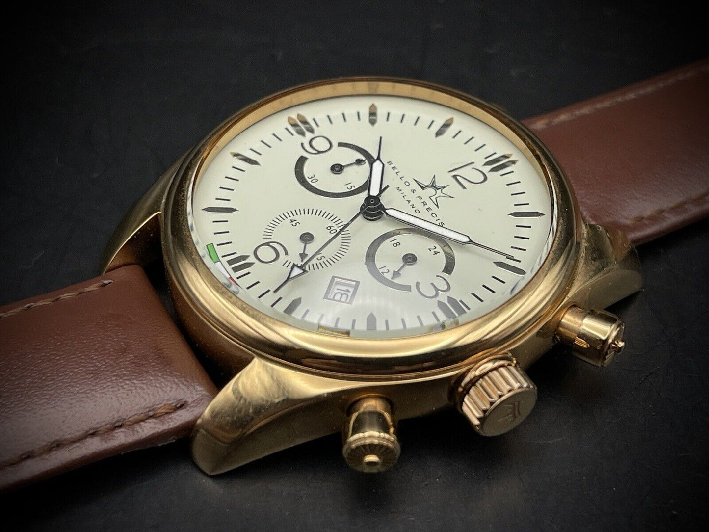 Bello & Preciso Milano Italain Mens Watch Chronograph Rare Dial NOS Quartz 40mm - Grab A Watch Co