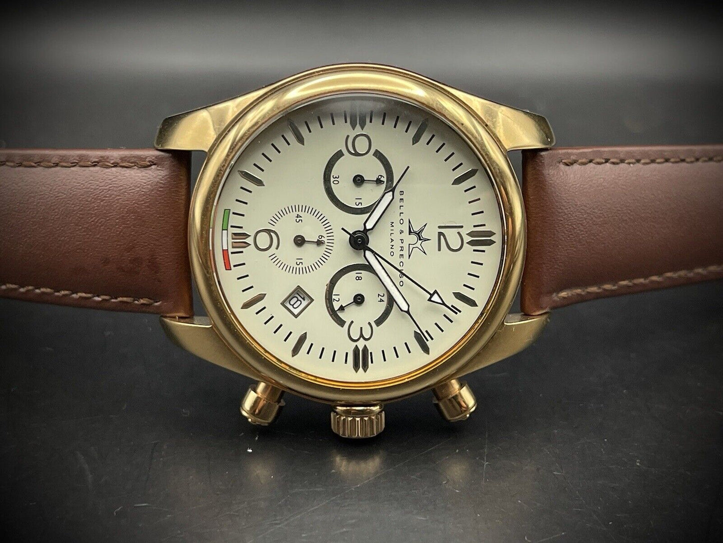 Bello & Preciso Milano Italain Mens Watch Chronograph Rare Dial NOS Quartz 40mm - Grab A Watch Co