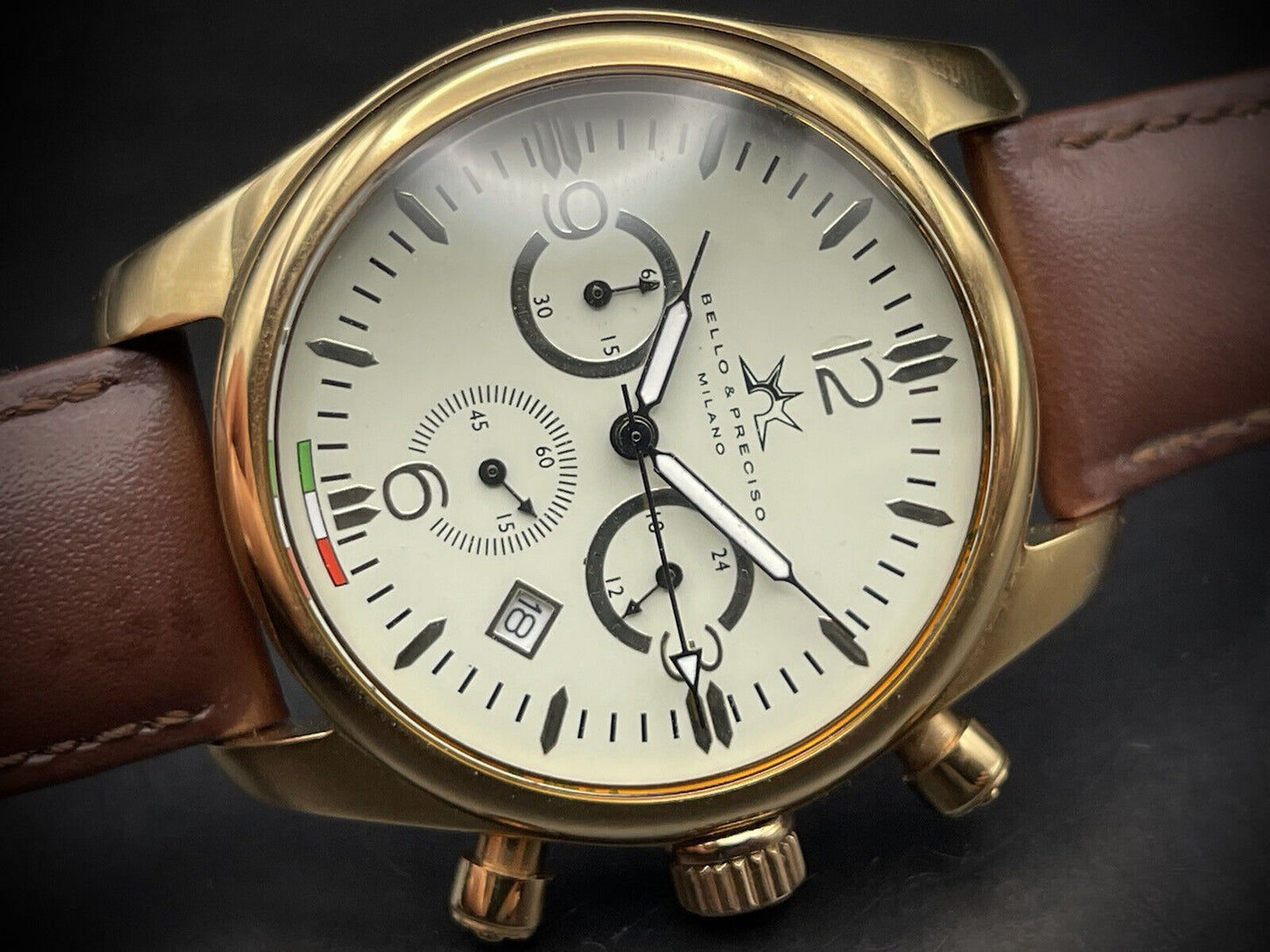 Bello & Preciso Milano Italain Mens Watch Chronograph Rare Dial NOS Quartz 40mm - Grab A Watch Co