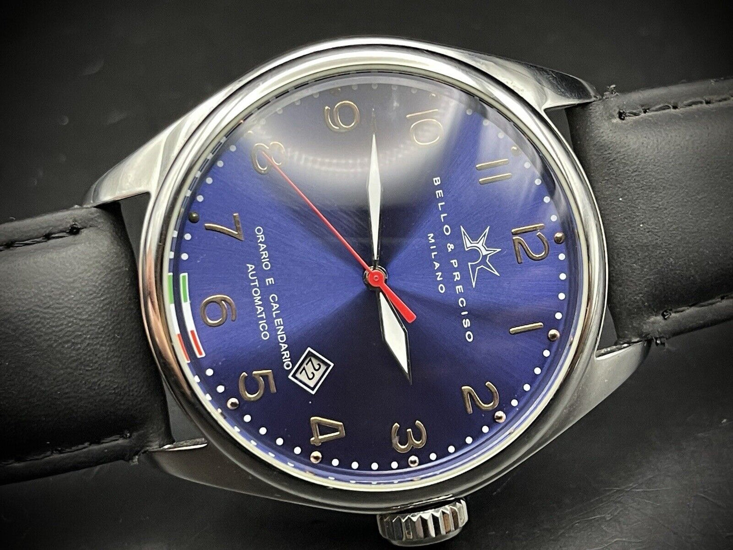 Bello & Preciso Milano Italain Mens Watch NOS Blue Dial Automatic 43mm - Grab A Watch Co