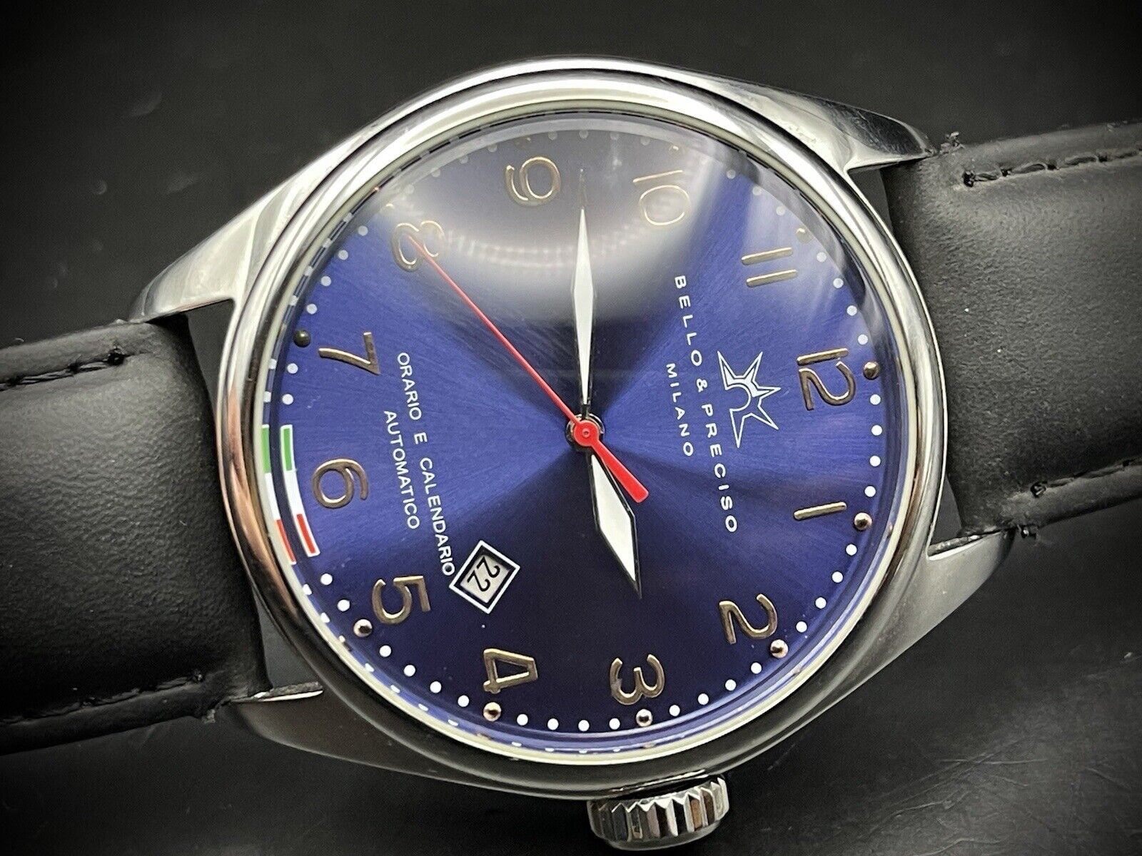Bello & Preciso Milano Italain Mens Watch NOS Blue Dial Automatic 43mm - Grab A Watch Co