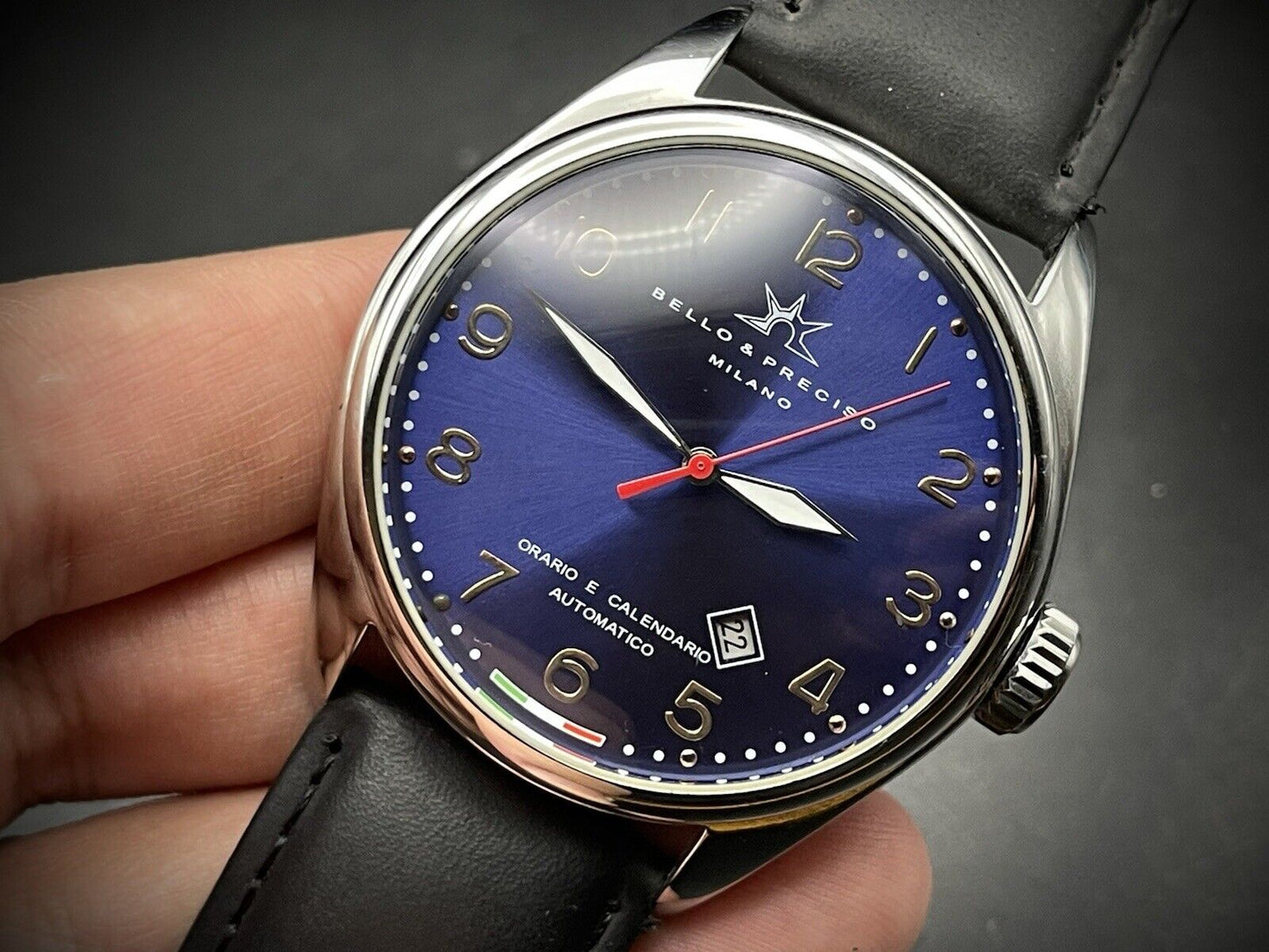 Bello & Preciso Milano Italain Mens Watch NOS Blue Dial Automatic 43mm - Grab A Watch Co