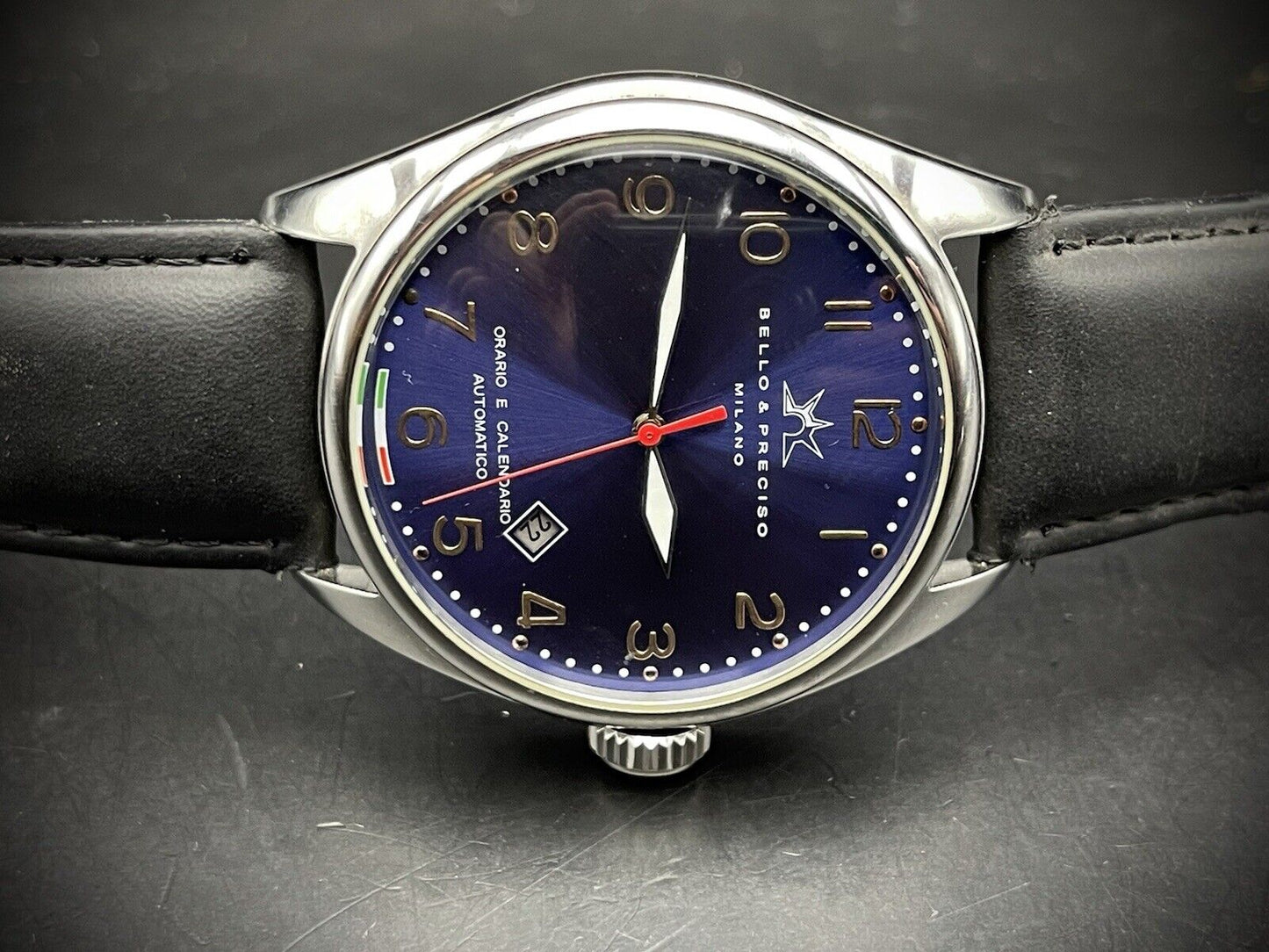 Bello & Preciso Milano Italain Mens Watch NOS Blue Dial Automatic 43mm - Grab A Watch Co