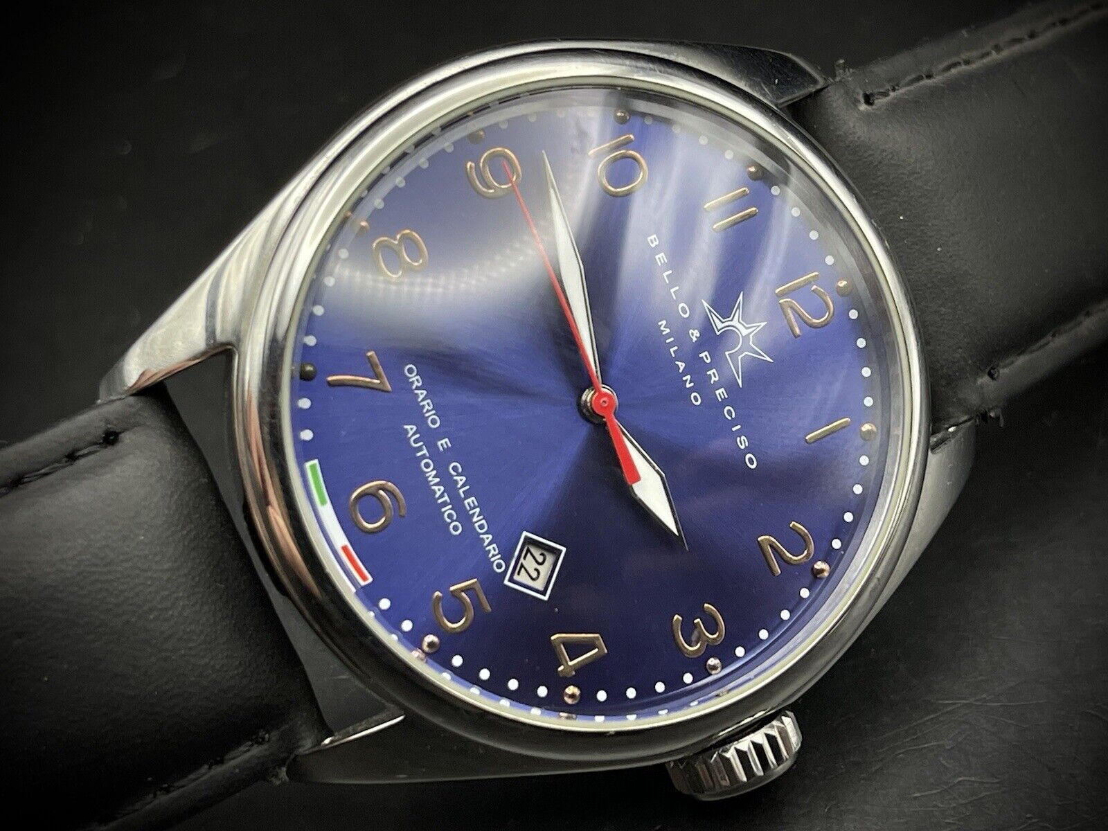 Bello & Preciso Milano Italain Mens Watch NOS Blue Dial Automatic 43mm - Grab A Watch Co