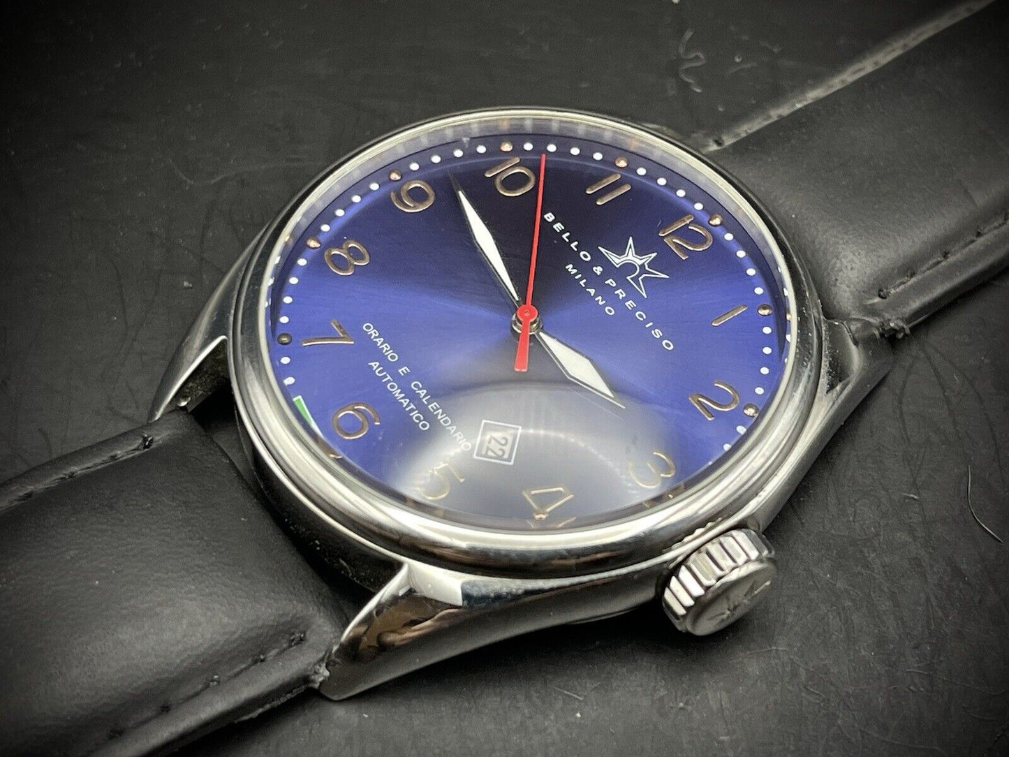 Bello & Preciso Milano Italain Mens Watch NOS Blue Dial Automatic 43mm - Grab A Watch Co