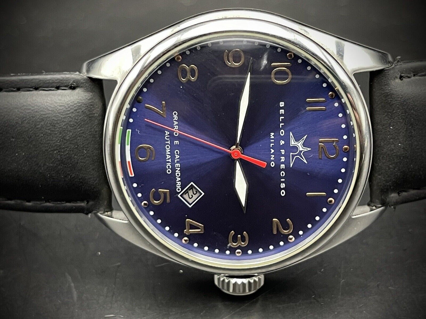 Bello & Preciso Milano Italain Mens Watch NOS Blue Dial Automatic 43mm - Grab A Watch Co